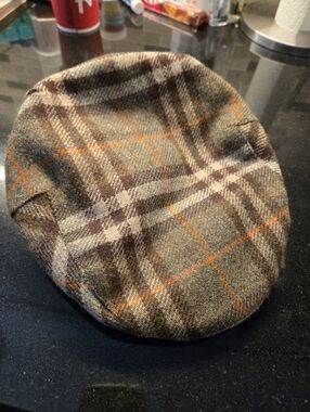 Burberry Vintage Plaid Tweed Cap with Orange Windowpane